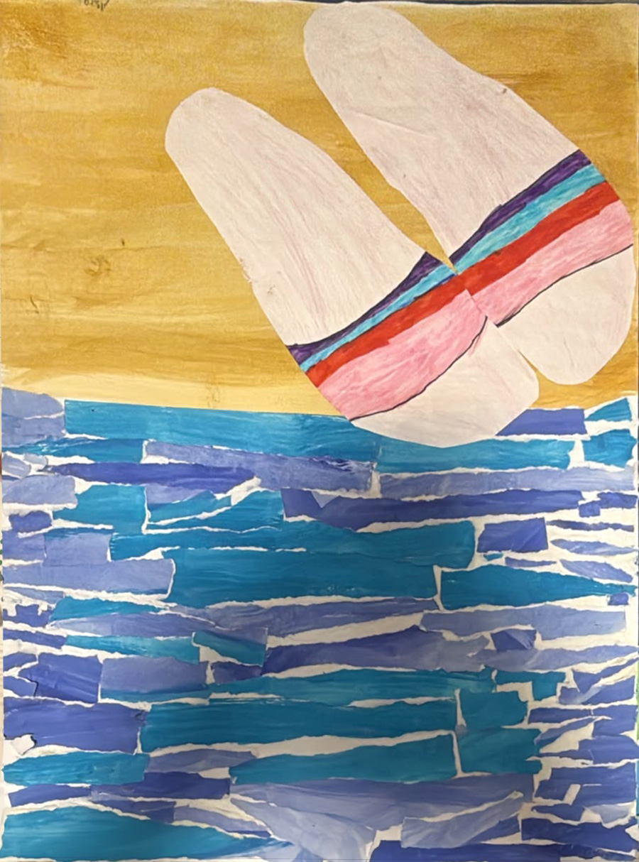 A real girl's drawing of two boats with pink and red stripes over a golden sky and a blue torn-paper sea